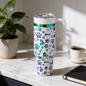 40 oz White Paw Print & Bone Insulated Tumbler with Handle